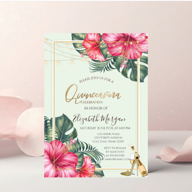 Hibiscus,Gold Heels Glitter Quinceanera Invitation (Creator Uploaded)