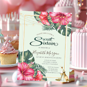 Hibiscus,Gold Heels Glitter Sweet 16 Invitation