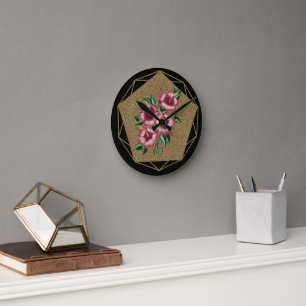 Hibiscus gold round clock