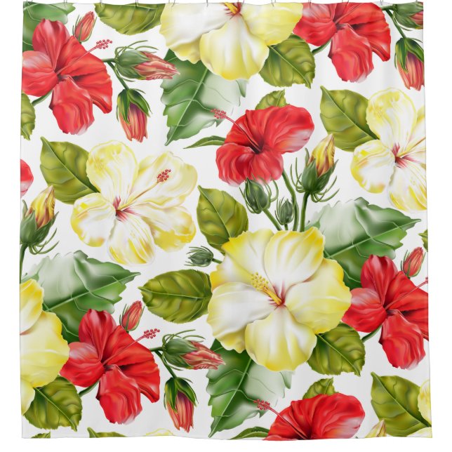 Hibiscus Hawaiian Tropical Floral Shower Curtain (Front)