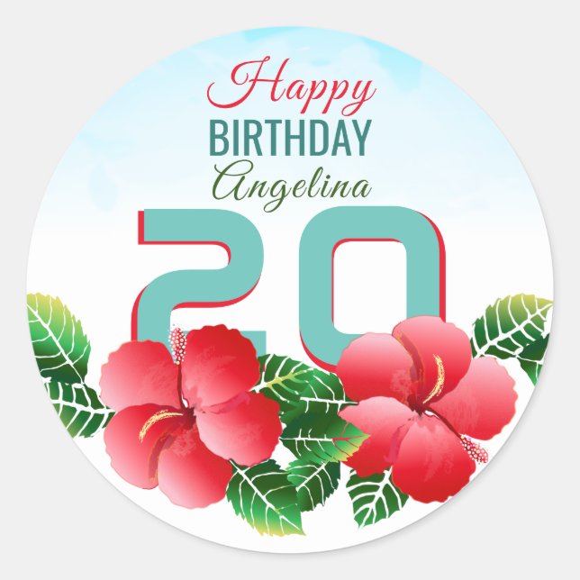 Hibiscus Hawaiian Tropical Personalised Birthday Classic Round Sticker (Front)