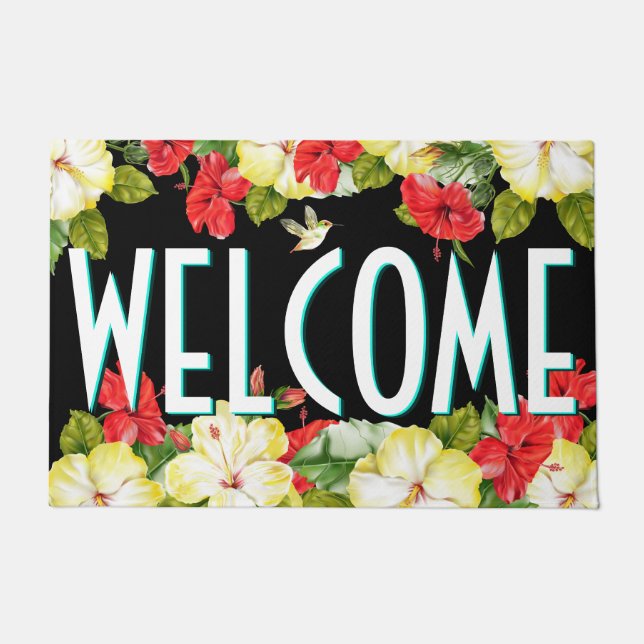 Hibiscus Hawaiian Tropical Welcome Doormat (Front)