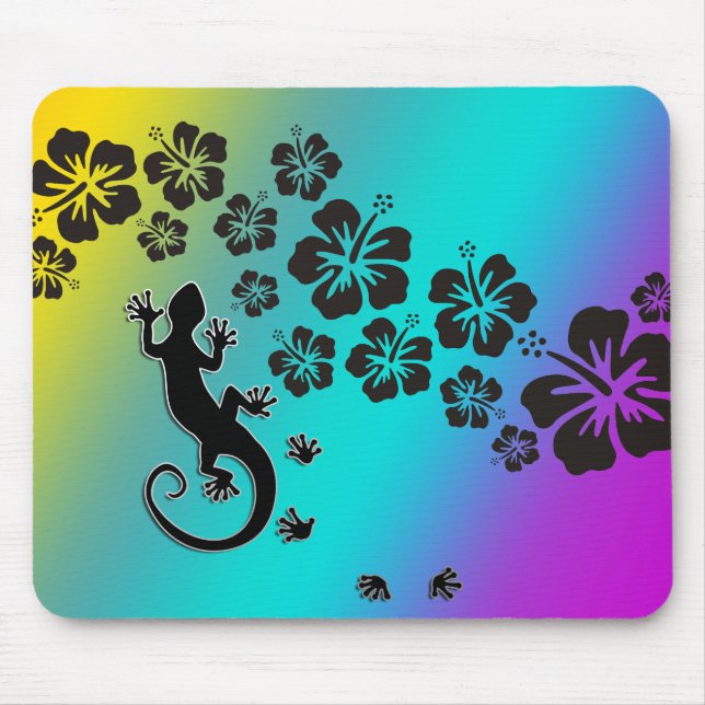 hibiscus in black with gecko | coloured background mouse pad (Front)