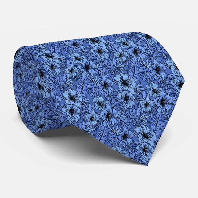 Hibiscus in Blue Pattern Tie (Rolled)