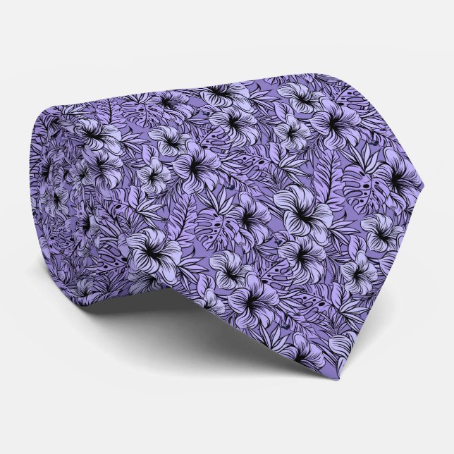 Hibiscus in Purple Pattern  Tie (Rolled)