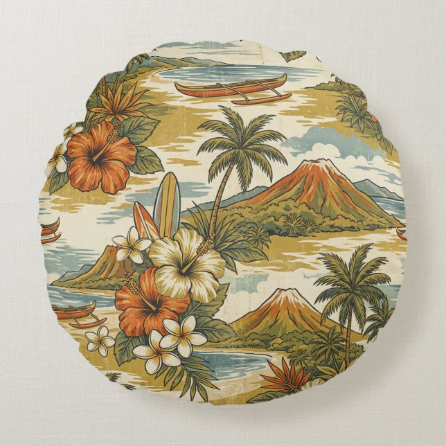 Hibiscus Island Hawaiian Scenic - Gold and Orange Round Cushion (Front)