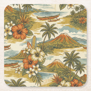 Hibiscus Island Hawaiian Scenic - Gold and Orange Square Paper Coaster