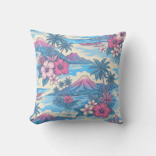Hibiscus Island Hawaiian Scenic - Pink and Blue Cushion