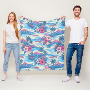 Hibiscus Island Hawaiian Scenic - Pink and Blue Fleece Blanket