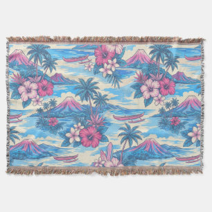 Hibiscus Island Hawaiian Scenic - Pink and Blue Throw Blanket