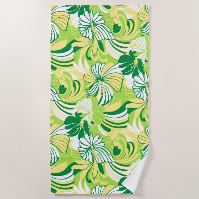 Hibiscus Jungle Hawaiian Tropical Floral - Lime Beach Towel (Front)