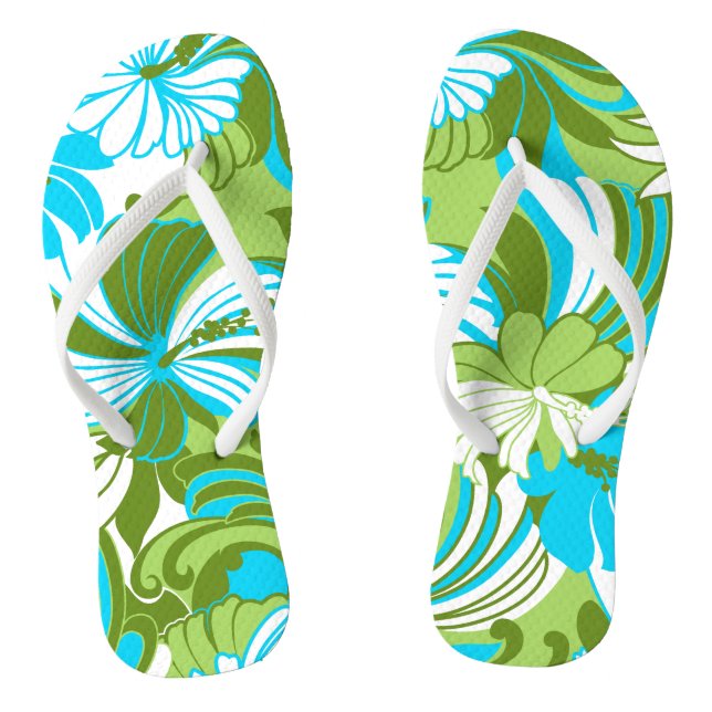 Hibiscus Jungle Hawaiian Tropical Floral Lime Thongs (Footbed)