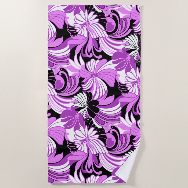 Hibiscus Jungle Hawaiian Tropical Floral - Violet Beach Towel (Front)