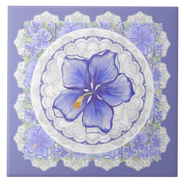 Hibiscus & lace BLUE Ceramic Tile (Front)