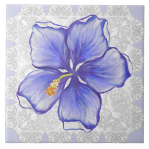 Hibiscus & lace BLUE Ceramic Tile
