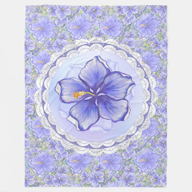 Hibiscus & lace BLUE Fleece Blanket (Front)