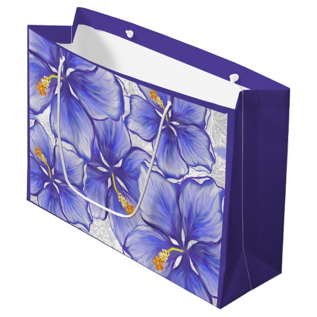 Hibiscus & lace BLUE Large Gift Bag (Front Angled)