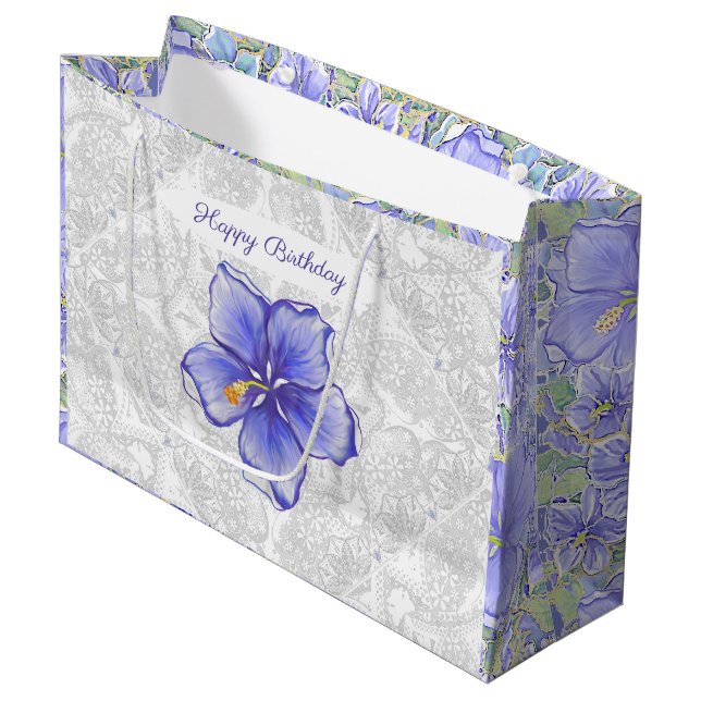 Hibiscus & lace BLUE Large Gift Bag (Front Angled)