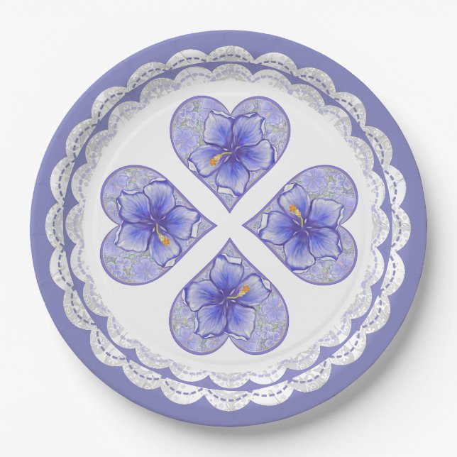 Hibiscus & lace BLUE Paper Plate (Front)