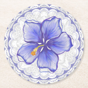 Hibiscus & lace BLUE Round Paper Coaster