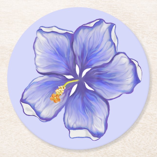 Hibiscus & lace BLUE Round Paper Coaster (Front)