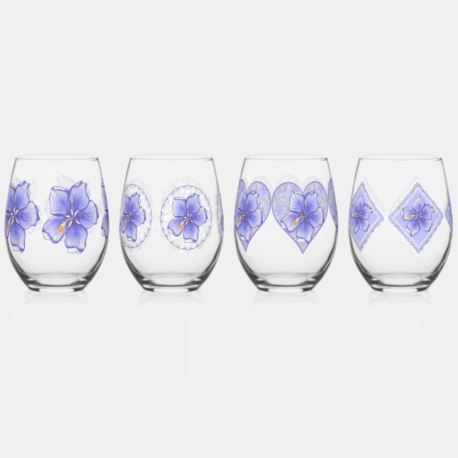 Hibiscus & lace BLUE Stemless Wine Glass (Front)