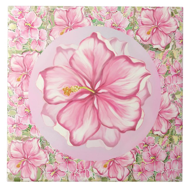 Hibiscus & lace PINK Ceramic Tile (Front)