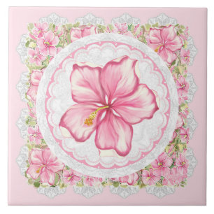 Hibiscus & lace PINK Ceramic Tile