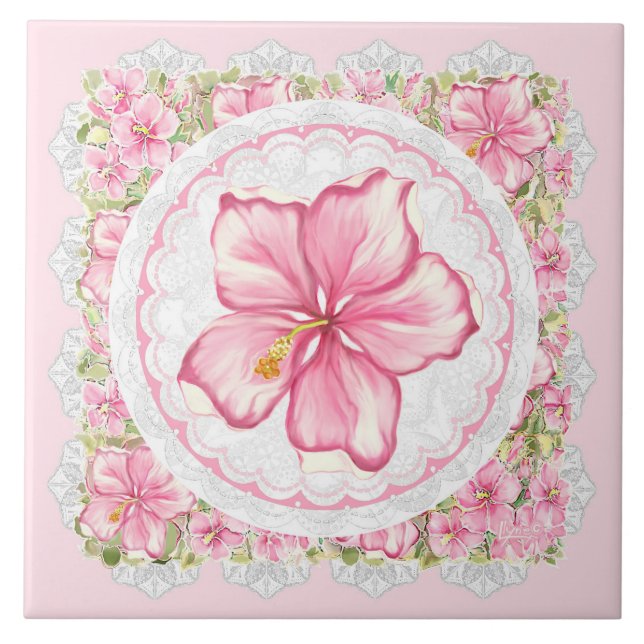 Hibiscus & lace PINK Ceramic Tile (Front)
