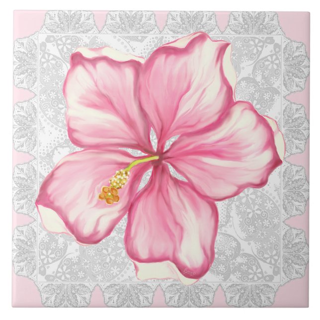 Hibiscus & lace PINK Ceramic Tile (Front)