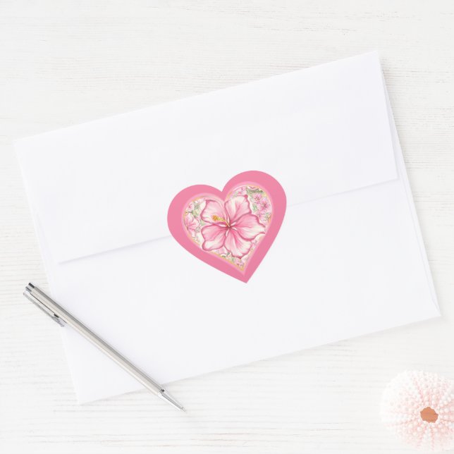 Hibiscus & lace PINK Heart Sticker (Envelope)