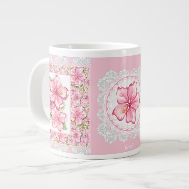 Hibiscus & lace PINK Large Coffee Mug (Front Left)
