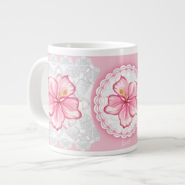 Hibiscus & lace PINK Large Coffee Mug (Front Left)