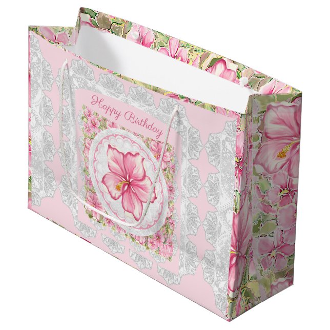Hibiscus & lace PINK Large Gift Bag (Front Angled)