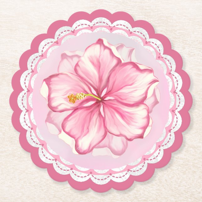 Hibiscus & lace PINK Paper Coaster (Front)