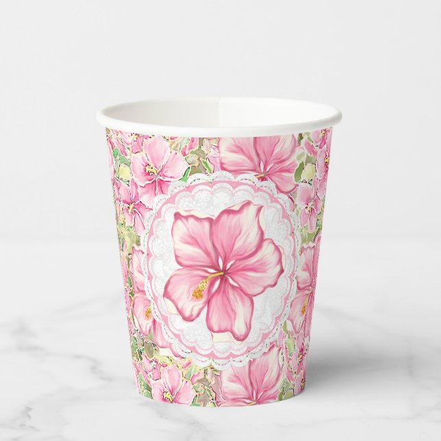 Hibiscus & lace PINK Paper Cups (Left)