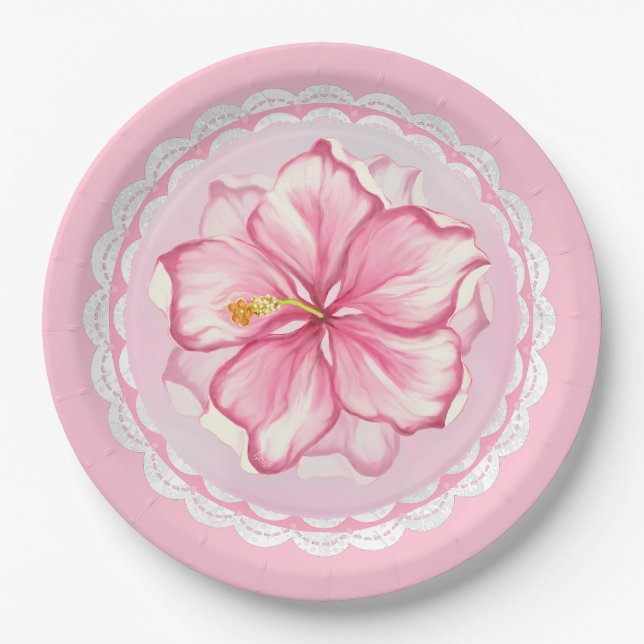 Hibiscus & lace PINK Paper Plate (Front)