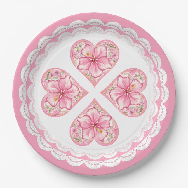 Hibiscus & lace PINK Paper Plate (Front)