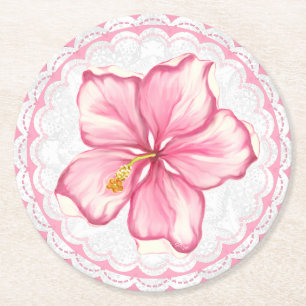 Hibiscus & lace PINK Round Paper Coaster