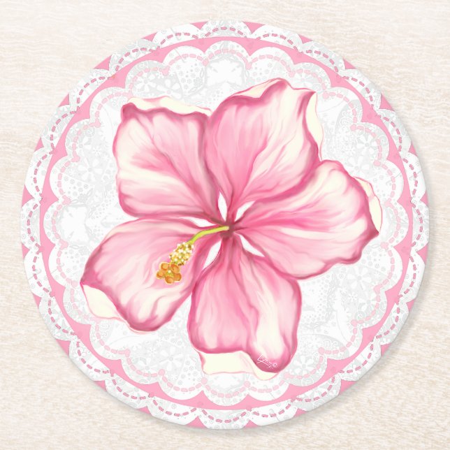 Hibiscus & lace PINK Round Paper Coaster (Front)