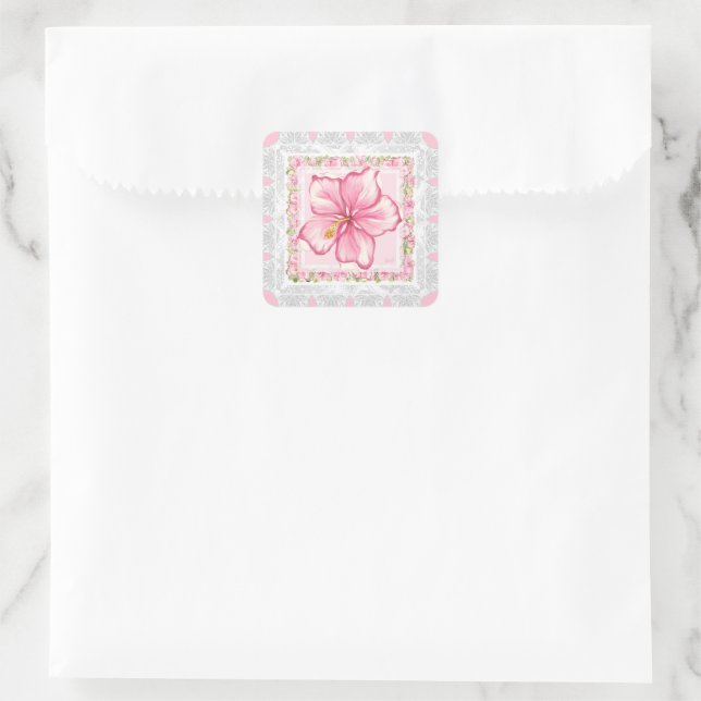 Hibiscus & lace PINK Square Sticker (Bag)