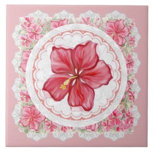 Hibiscus & lace RED Ceramic Tile