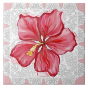 Hibiscus & lace RED Ceramic Tile