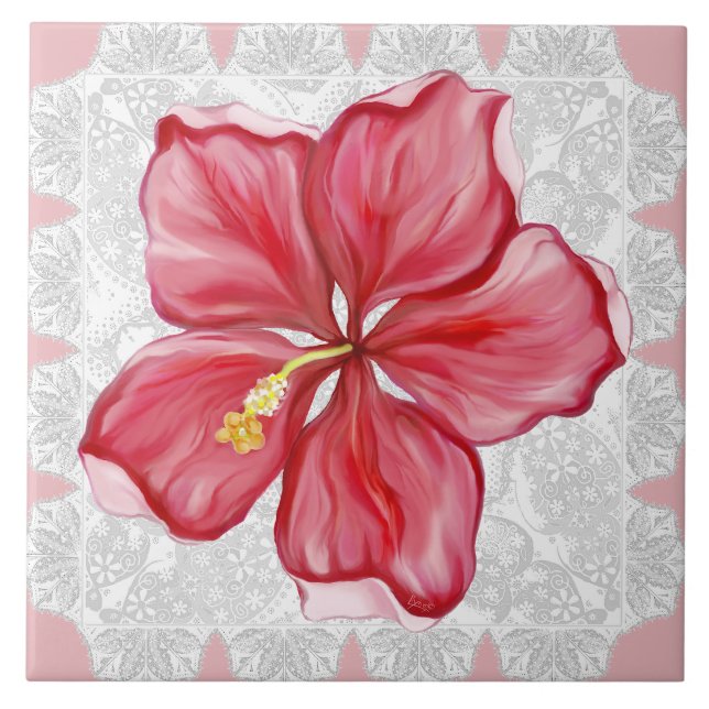 Hibiscus & lace RED Ceramic Tile (Front)