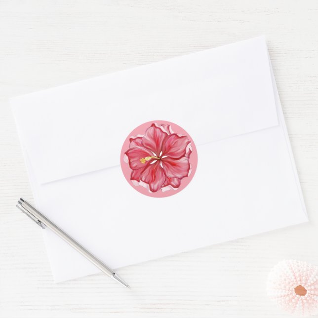 Hibiscus & lace RED Classic Round Sticker (Envelope)