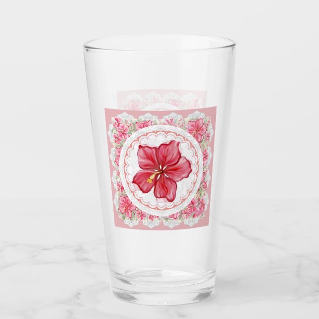 Hibiscus & lace RED Glass (Front)