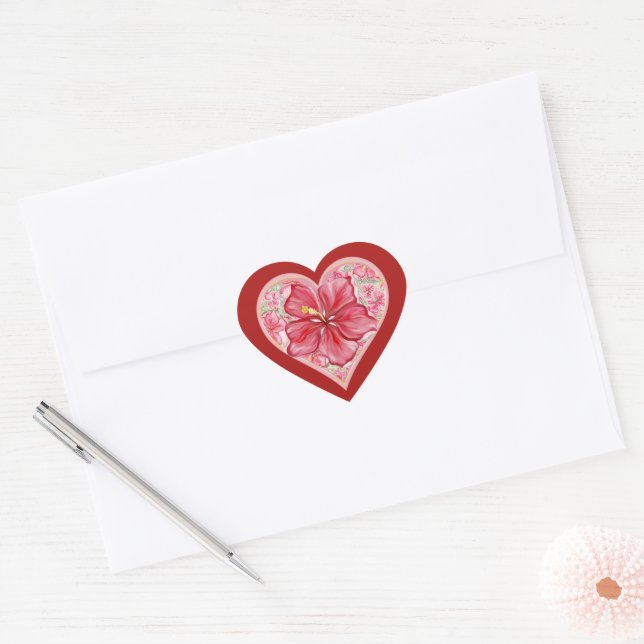 Hibiscus & lace RED Heart Sticker (Envelope)
