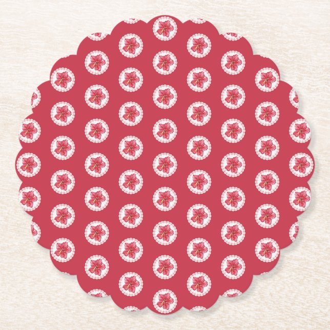 Hibiscus & lace RED Paper Coaster (Front)