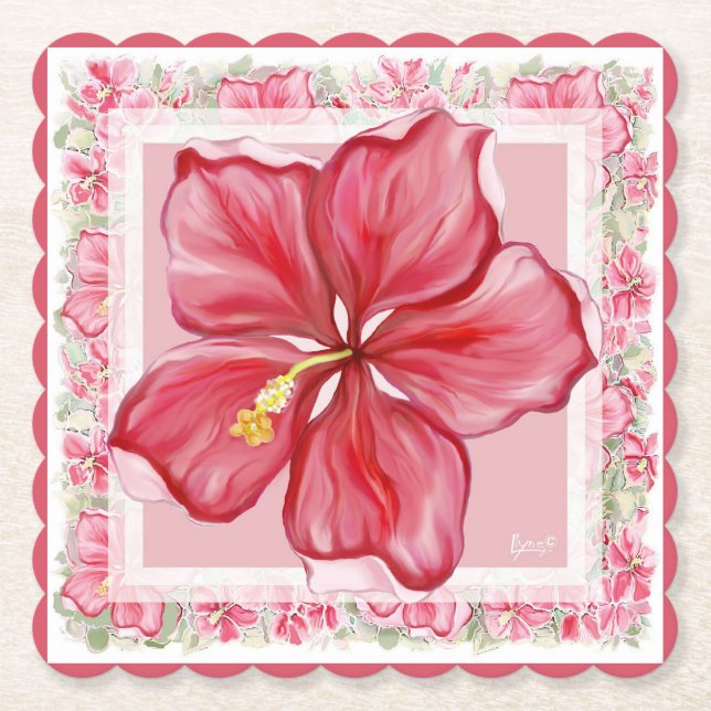 Hibiscus & lace RED Paper Coaster (Front)