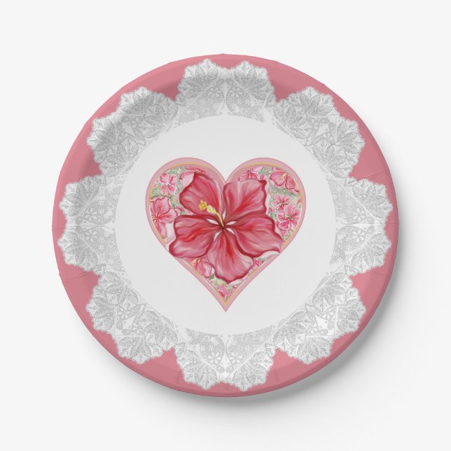 Hibiscus & lace RED Paper Plate (Front)